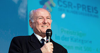 Ein älterer Mann, vermutlich ein Redner, spricht bei einer Veranstaltung zu den Zuhörern. Im Hintergrund ist das Logo von "CSR-PREIS" zu sehen.