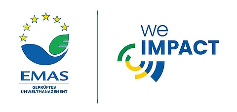 Die Logos "EMAS" und "We IMPACT", wobei "EMAS" mit "GEPRŰFTES UMWELTMANAGEMENT" in Verbindung gebracht wird und "We IMPACT" die Umweltauswirkungen betont.