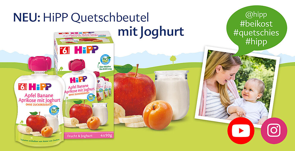 Eine Werbeanzeige für ein Babynahrungsprodukt namens "Hipp" mit der Geschmacksrichtung "Apfel Banane" mit einer Mutter und einem Kind.
